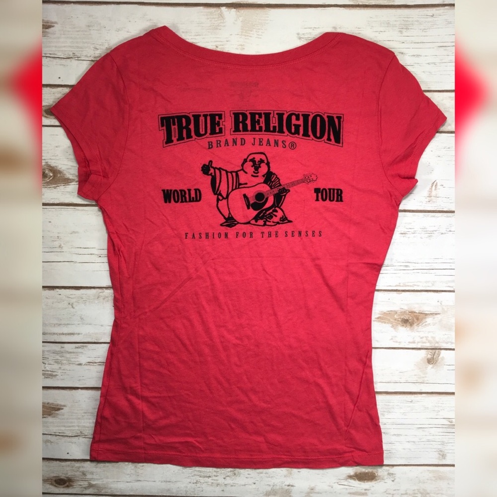 True Religion V-neck Buddha Flock Shirt Top Red